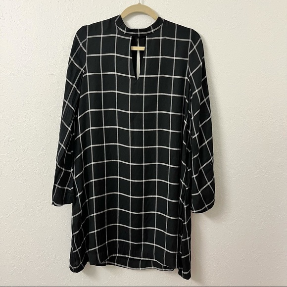 LOFT windowpane black white flare long sleeve shift dress mod 60s, size medium - Picture 6 of 8